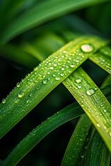 Poster - Dew Drops on Green Grass Blades, Close up Macro Photography