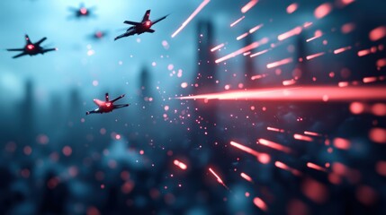 Wall Mural - a futuristic battlefield with digital projections of drones and missiles, showcasing the emergence o