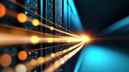Wall Mural - a server rack with flashing lights, representing the power and efficiency of cloud data storage solu