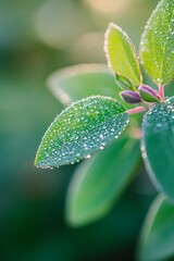 Wall Mural - Close up of green leaves with dew drops in sunlight