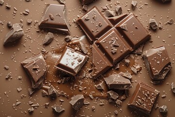 Pieces of milk chocolate on brown background. Milk chocolate crumbs top view. Chopped chocolate. Confectionery. Dessert