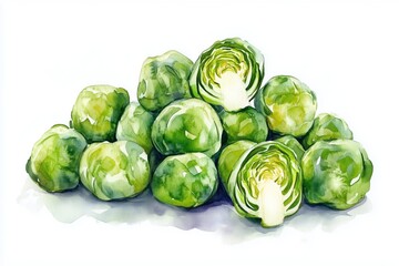 Wall Mural - Heap of Brussels sprouts. Hand drawn watercolor horizontal illustration isolated on white background 