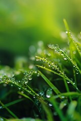 Sticker - Dewdrops on Green Grass Blades, Macro Photography