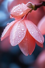 Sticker - Pink flower blossom with dew drops, close up macro photography