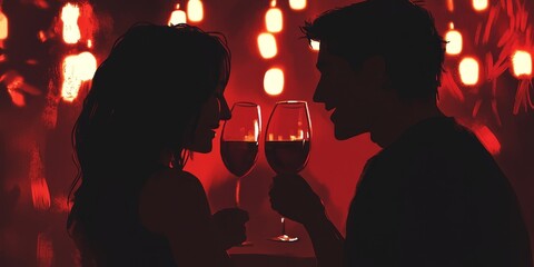 Wine and Dine: Depict a couple enjoying a candlelit dinner with wine glasses clinking, capturing the essence of romance and intimacy.