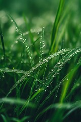 Wall Mural - Close up of Dew Drops on Green Grass Blades After Rain