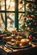 © tve-proneuro - Festive Holiday Breakfast Table with Christmas Decorations and Sunlight, AI Generation
