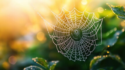 A close-up of a spider web covered in dew drops, glistening in the soft morning sunlight.