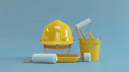 Poster - A yellow safety helmet, paint roller, paint brushes, paint tray, and paint bucket on a blue background. Generative AI