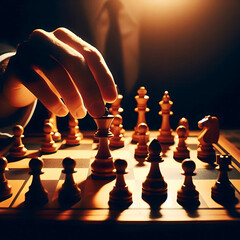 Close-up studio shot of Man playing chess on chess board concept of strategy and planning