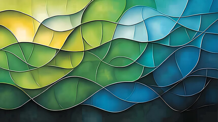 Wall Mural - abstract waves of green and blue colors layered in a dynamic design, creating a sense of movement an
