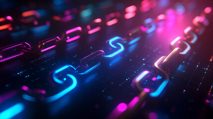 Wall Mural - a close-up view of vibrant digital chains illuminated in blue and pink lights on a dark background i