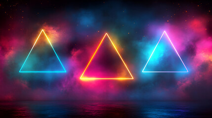 Wall Mural - vibrant neon triangles glowing against a colorful cosmic background during a nighttime display of li