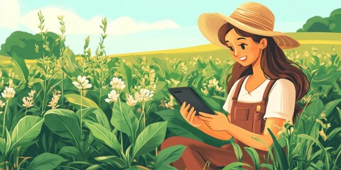 Poster - IoT in Agriculture: Depict a farmer using IoT devices in a field, monitoring crops and soil conditions with a tablet or smartphone.