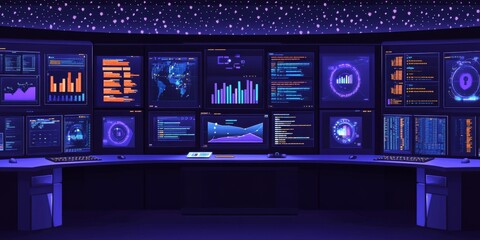 Poster - Data Protection Measures: Create an image of a cybersecurity professional monitoring multiple screens displaying security alerts and data breaches.