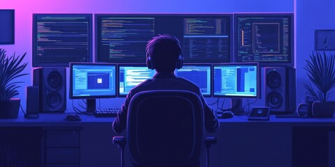 Poster - Data Protection Measures: Create an image of a cybersecurity professional monitoring multiple screens displaying security alerts and data breaches.