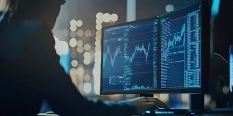 Aufkleber - Stock Market Analysis: Create an image of a person analyzing stock charts on a computer, showcasing various graphs and data, highlighting investment strategies.