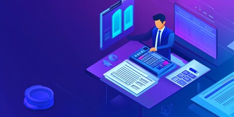 Fototapete - Tax Filing Process: Create an image of an accountant assisting a client with tax preparation, surrounded by forms, calculators, and financial documents.