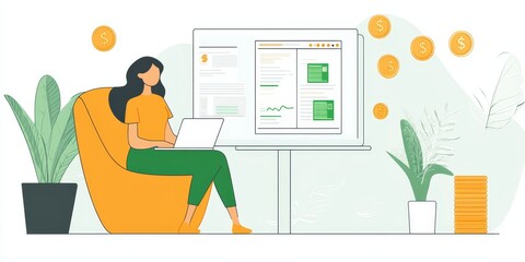 Aufkleber - Online Finance Course: Illustrate someone participating in an online personal finance course, with a laptop showing finance lessons and discussions in a virtual classroom