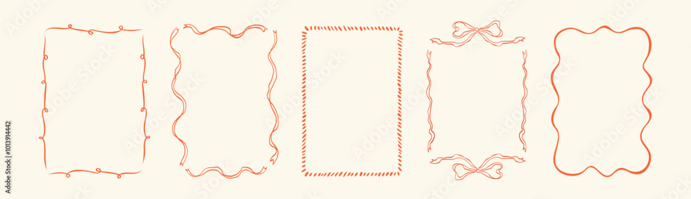 Collection of doodle hand drawn trendy frames with wavy lines, bows and ...
