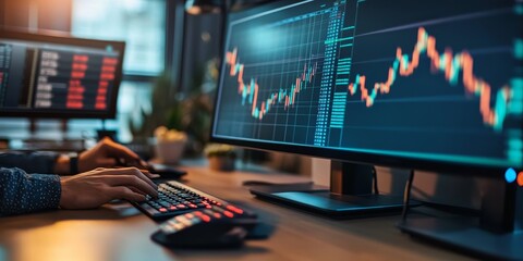 Aufkleber - Analyzing Economic Reports: Create an image of a financial analyst reviewing economic reports and trends on a computer screen, surrounded by financial data and statistics