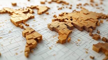 A close-up of a 3D model of the world map made of gold cubes, set against a white background.