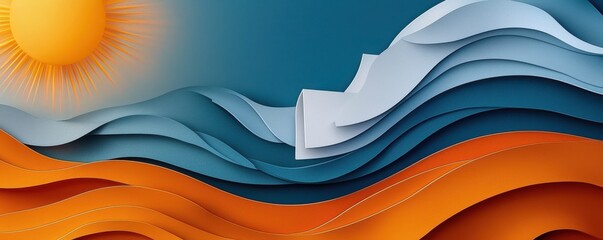 Wall Mural - Dynamic abstract background with flowing orange and white waves on a vibrant blue backdrop, accented by bright light and sparkling particles