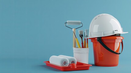 Wall Mural - A 3D rendering of a white safety helmet, a red paint bucket, and paint rollers on a blue background. The image represents a renovation concept for an apartment. Generative AI