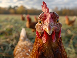 Poster - Close-Up Portrait of a Curious Chicken on a Farm