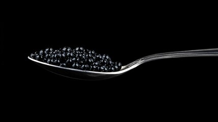 Black caviar on a silver spoon, isolated on a matte black background with a single droplet of lemon juice