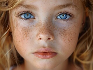 Wall Mural - Close-up Portrait of a Young Girl with Freckles and Blue Eyes