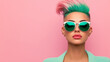 © Vivid_Vision - Beautiful woman with a fashionable hairstyle and sunglasses on a pink background, a young adult beauty portrait. Fashion photography for a magazine cover