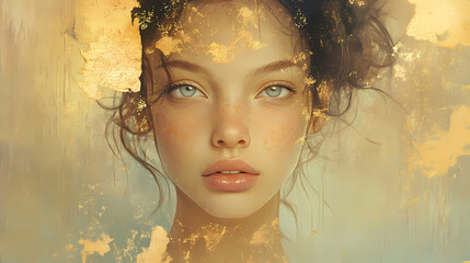 Ethereal portrait with gold leaf accents serene expression in soft lighting. Gold Leaf Accent. Illustration