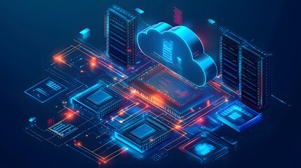 isometric cloud storage illustration representing digital data transmission and network computing te