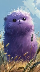 Wall Mural - Adorable Purple Fluffy Creature in a Field of Grass