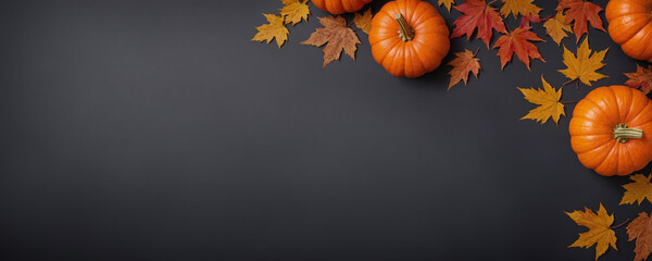 Orange pumpkins and autumn leaves on a flat black background. Concept for Thanksgiving, Harvest Festival or Halloween celebrations. Autumn flat lay for banner with copy space for text. Top view.