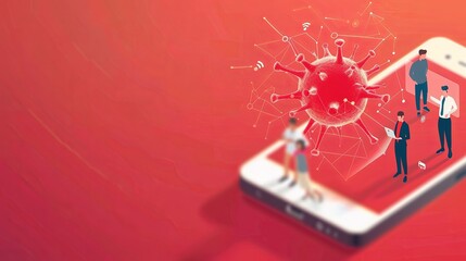 Fototapete - A smartphone displays an emergency warning alert, highlighting data network protection and virus threats, with users engaged in the app. Generative AI