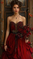 Wall Mural - Elegant Woman in Red Dress with Flowers