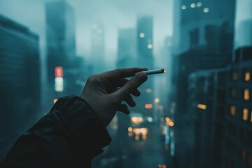 Wall Mural - A man holds a cigarette against the background of a cloudy city