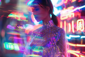 Poster - a woman in a shiny dress, there is a neon sign in the background