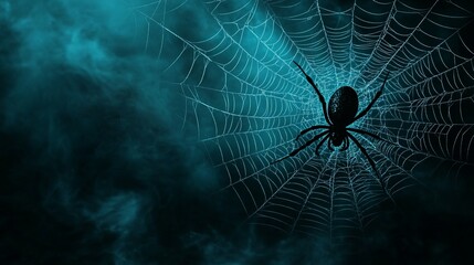 A large spider sits in the center of its web against a dark blue background.