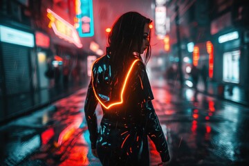 Poster - a woman in a neon suit walking down a city street