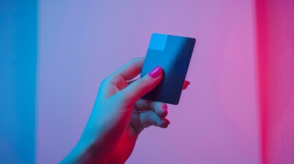 Aufkleber - A hand displays a blank card, glowing in blue and pink lighting, creating a striking and modern visual effect. Generative AI