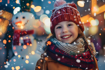 Portrait of a child with a snowman, christmas winter background. High quality photo