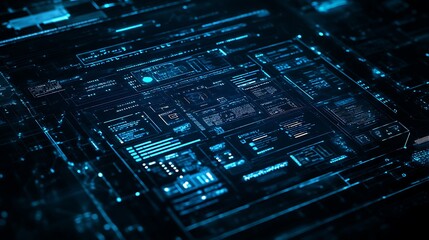 Abstract digital technology background with glowing blue lines and data.