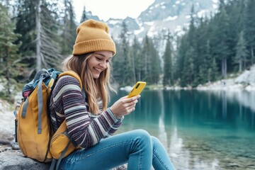 Sticker - a girl sitting by a lake using her cell phone