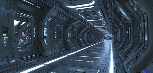 Poster - Three dimensional render of futuristic corridor inside a spaceship or space station, AI generated