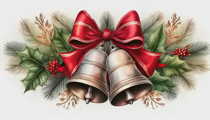 Wall Mural - Silver Bells, Red Bow and Greenery in Christmas Tradition AI