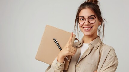 Wall Mural - a smiling woman holding a clipboard and a pen