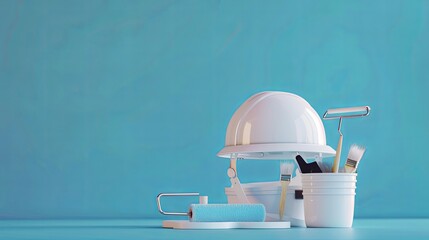 Poster - A white hard hat, paint roller, brushes, and bucket are arranged on a blue surface, suggesting a home renovation project. Generative AI